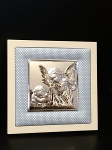 Obrazek srebrny Anioł stróż w ramce niebieskiej